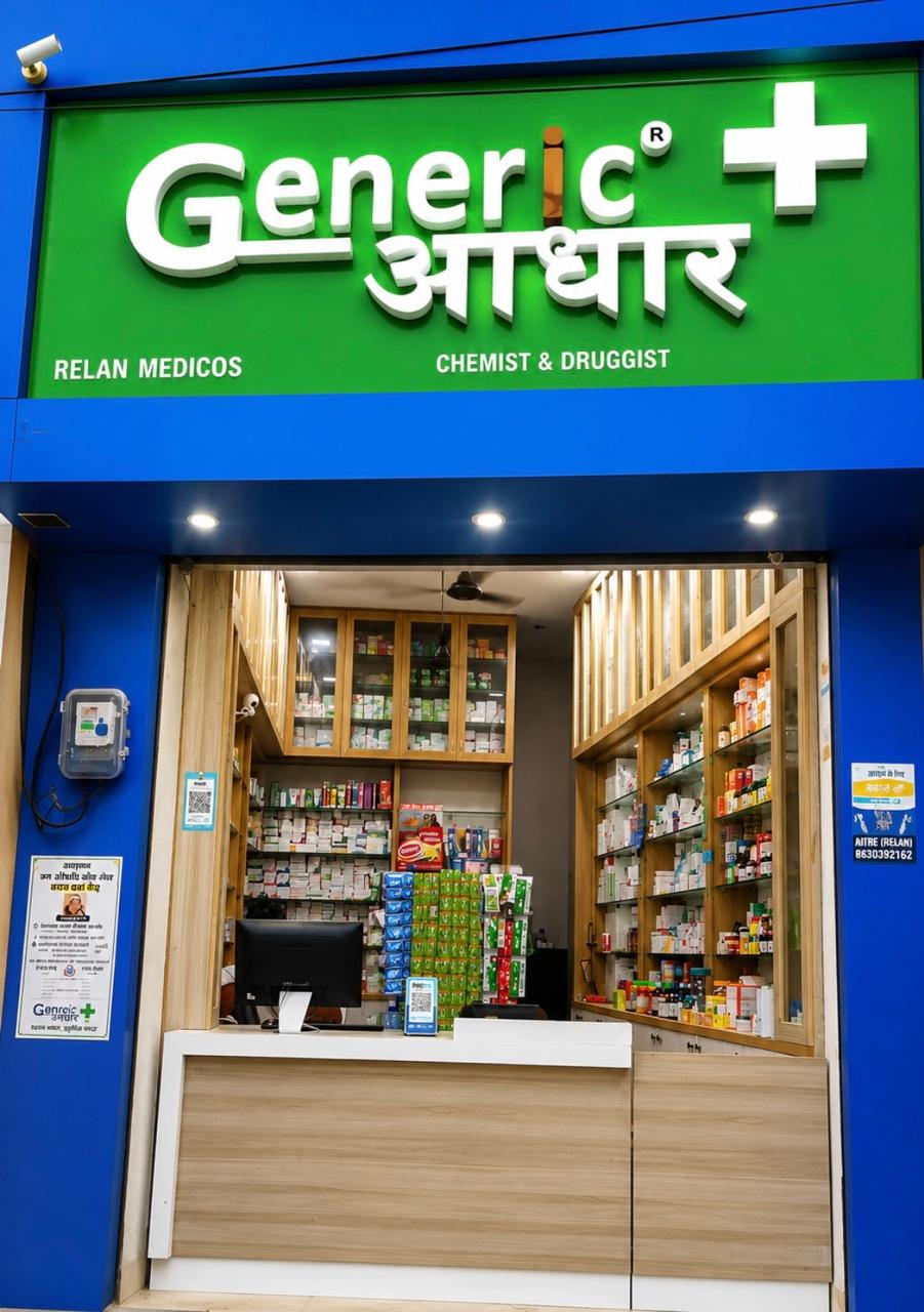 Relan Medicos store front at Ramnagar Chowk, Roorkee
